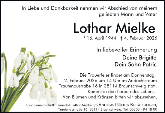 Traueranzeige von Lothar Mielke von Braunschweiger Zeitung, Braunschweiger Zeitung