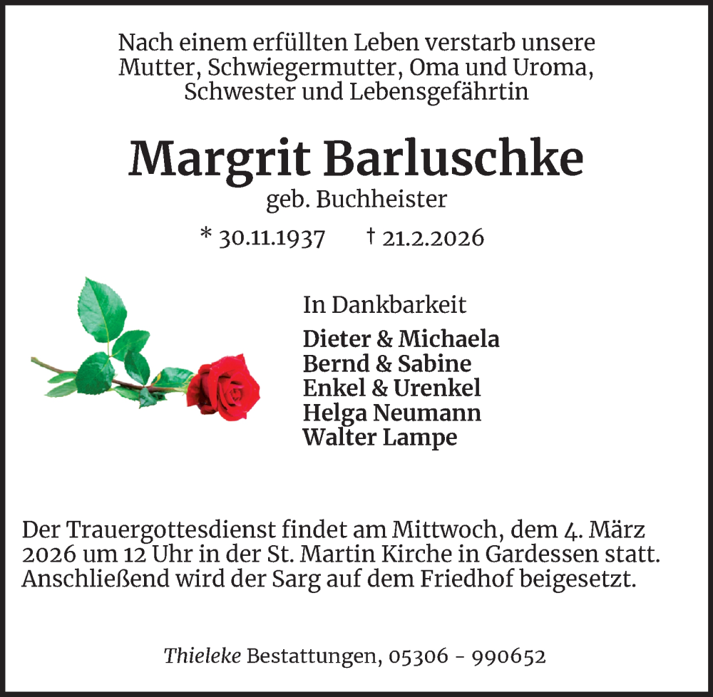  Traueranzeige für Margrit Barluschke vom 28.02.2026 aus Wolfenbütteler Zeitung