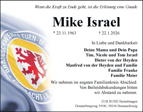 Traueranzeige von Mike Israel von Braunschweiger Zeitung, Braunschweiger Zeitung