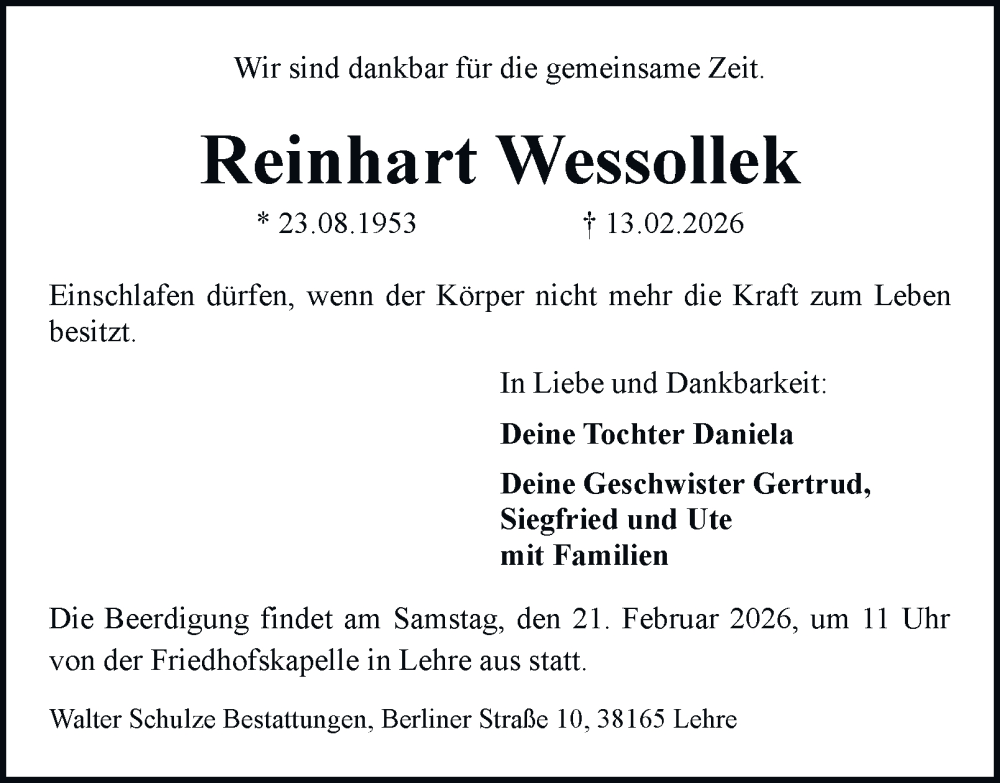  Traueranzeige für Reinhart Wessollek vom 19.02.2026 aus Helmstedter Nachrichten