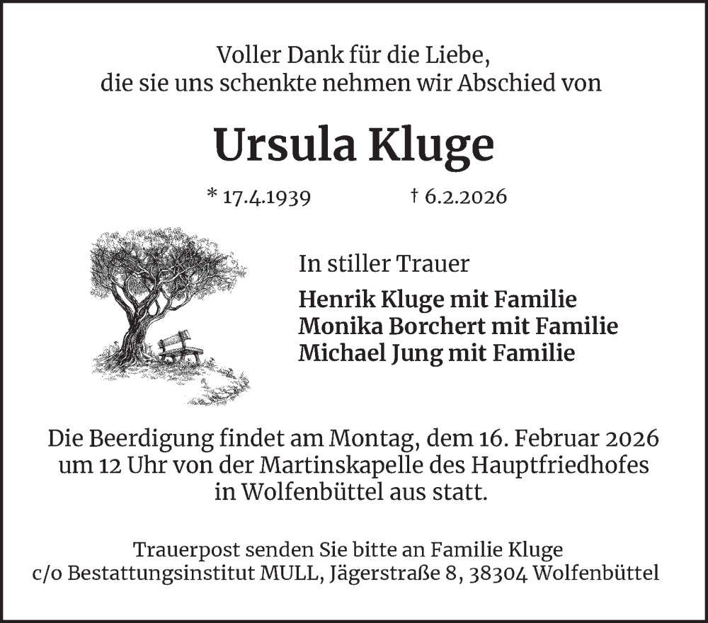  Traueranzeige für Ursula Kluge vom 11.02.2026 aus Wolfenbütteler Zeitung