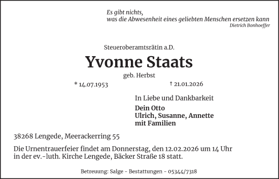 Traueranzeige von Yvonne Staats von Braunschweiger Zeitung, Braunschweiger Zeitung